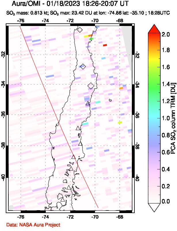 A sulfur dioxide image over Central Chile on Jan 18, 2023.