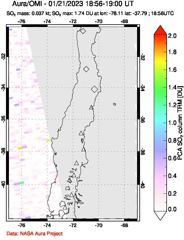 A sulfur dioxide image over Central Chile on Jan 21, 2023.