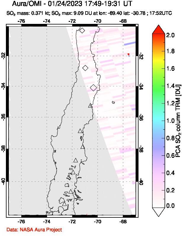 A sulfur dioxide image over Central Chile on Jan 24, 2023.