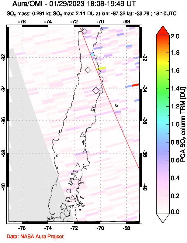 A sulfur dioxide image over Central Chile on Jan 29, 2023.