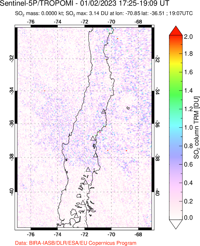 A sulfur dioxide image over Central Chile on Jan 02, 2023.