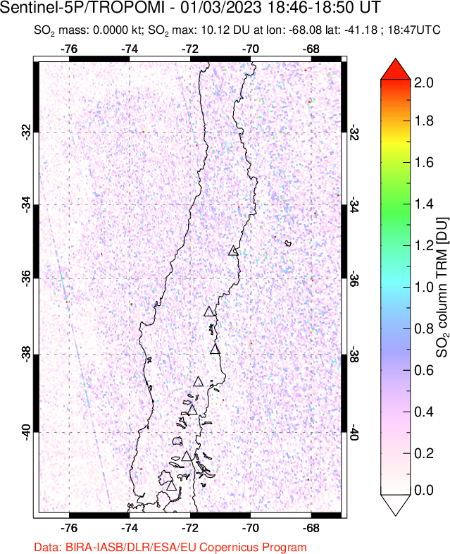 A sulfur dioxide image over Central Chile on Jan 03, 2023.
