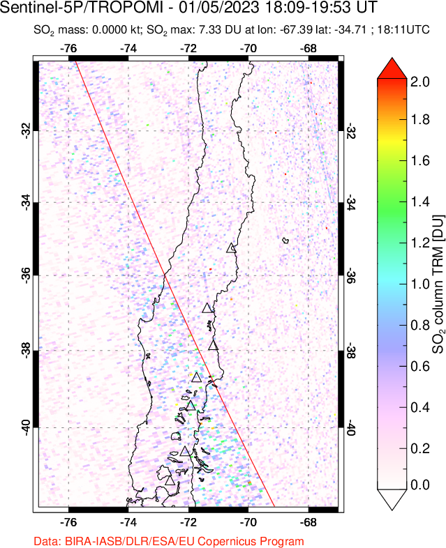 A sulfur dioxide image over Central Chile on Jan 05, 2023.