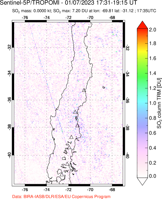 A sulfur dioxide image over Central Chile on Jan 07, 2023.