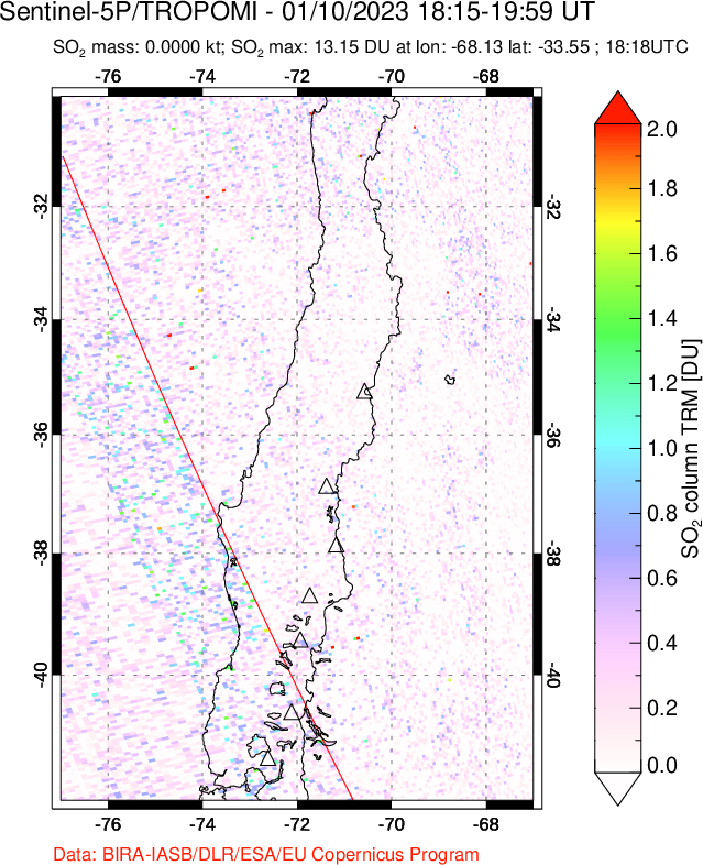 A sulfur dioxide image over Central Chile on Jan 10, 2023.