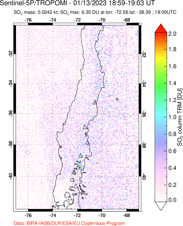 A sulfur dioxide image over Central Chile on Jan 13, 2023.