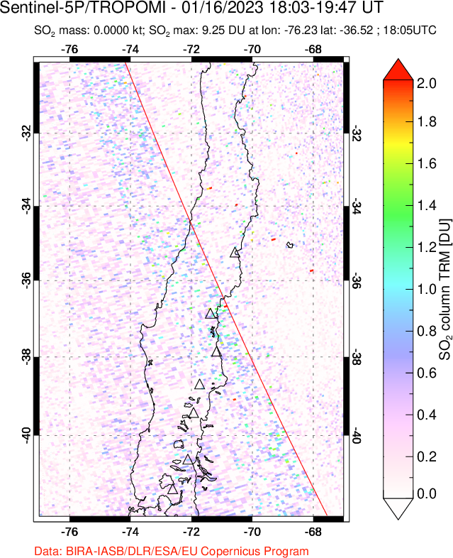 A sulfur dioxide image over Central Chile on Jan 16, 2023.