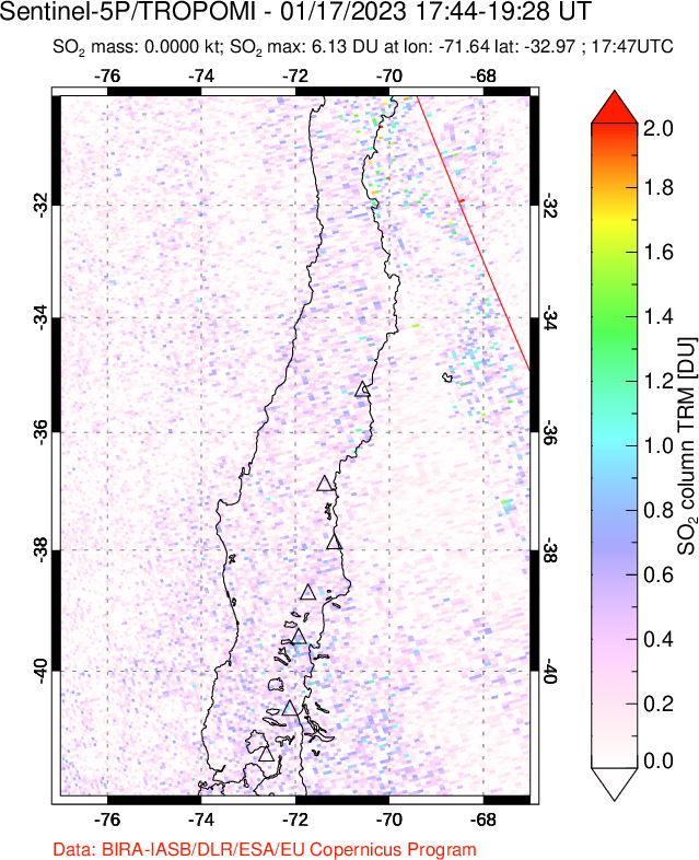 A sulfur dioxide image over Central Chile on Jan 17, 2023.