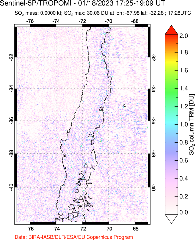 A sulfur dioxide image over Central Chile on Jan 18, 2023.