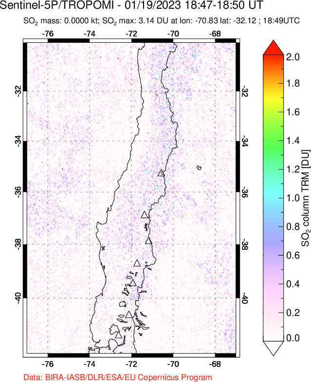 A sulfur dioxide image over Central Chile on Jan 19, 2023.