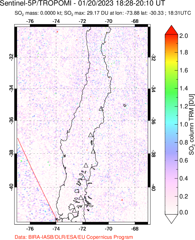 A sulfur dioxide image over Central Chile on Jan 20, 2023.