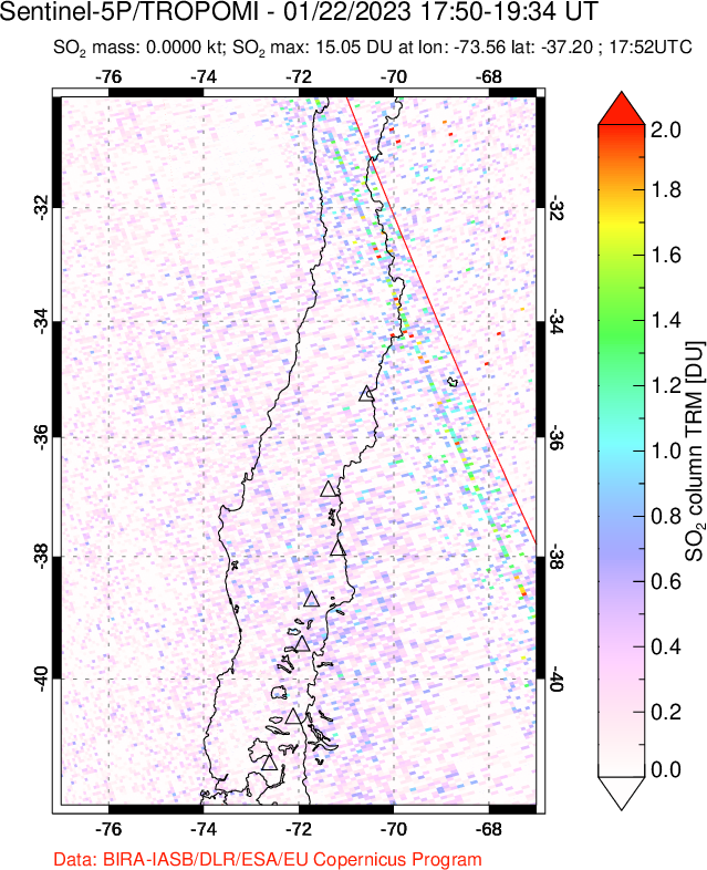 A sulfur dioxide image over Central Chile on Jan 22, 2023.