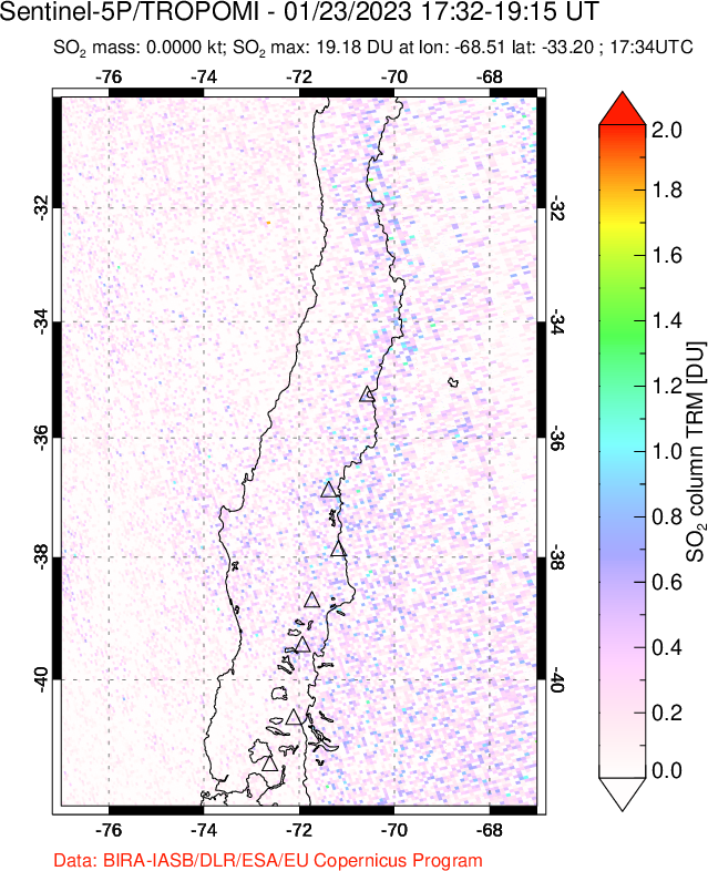 A sulfur dioxide image over Central Chile on Jan 23, 2023.