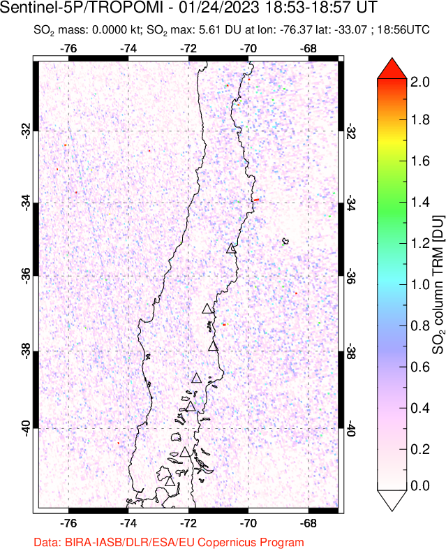 A sulfur dioxide image over Central Chile on Jan 24, 2023.