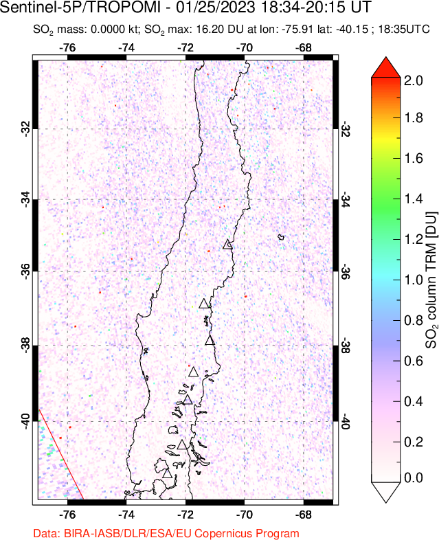 A sulfur dioxide image over Central Chile on Jan 25, 2023.