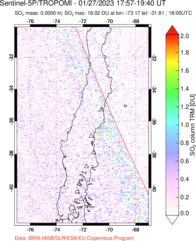 A sulfur dioxide image over Central Chile on Jan 27, 2023.