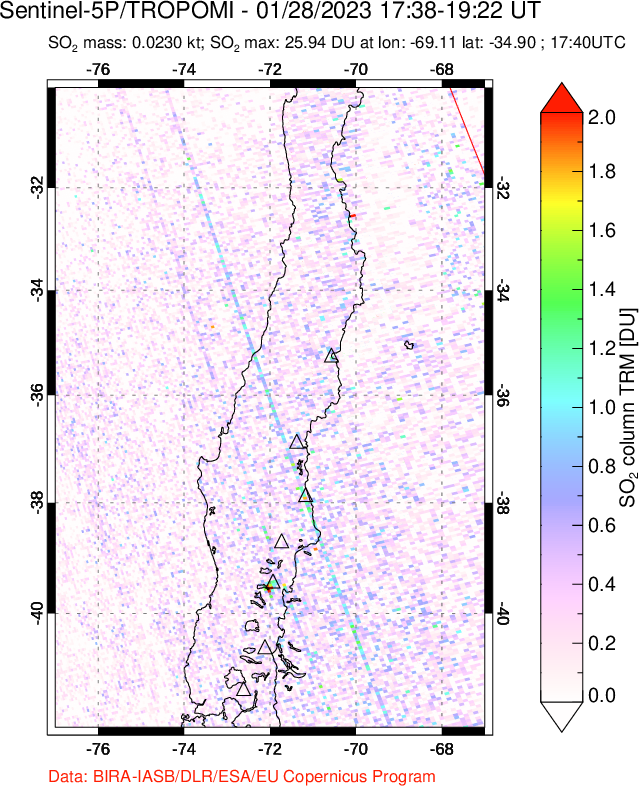A sulfur dioxide image over Central Chile on Jan 28, 2023.