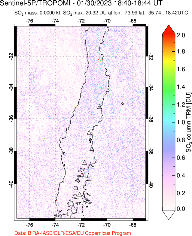 A sulfur dioxide image over Central Chile on Jan 30, 2023.
