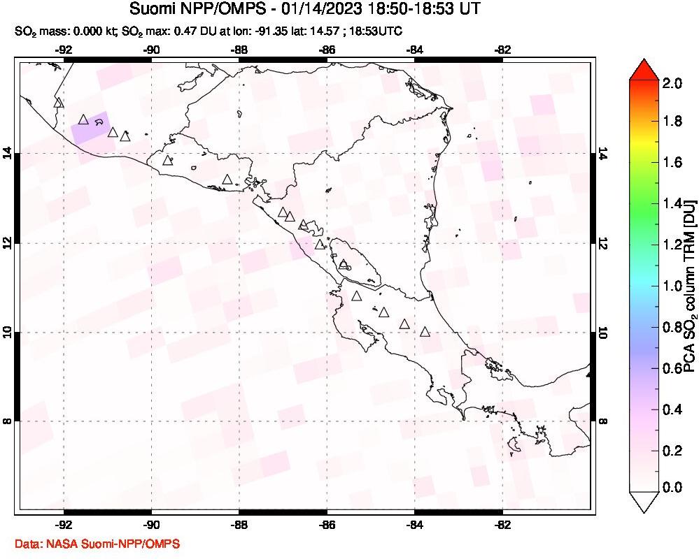 A sulfur dioxide image over Central America on Jan 14, 2023.