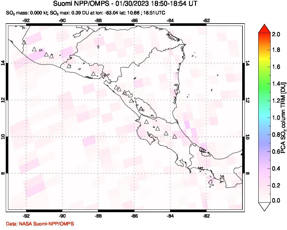 A sulfur dioxide image over Central America on Jan 30, 2023.