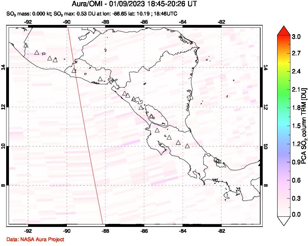 A sulfur dioxide image over Central America on Jan 09, 2023.