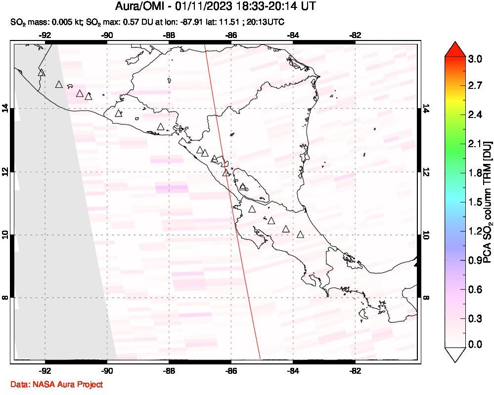 A sulfur dioxide image over Central America on Jan 11, 2023.