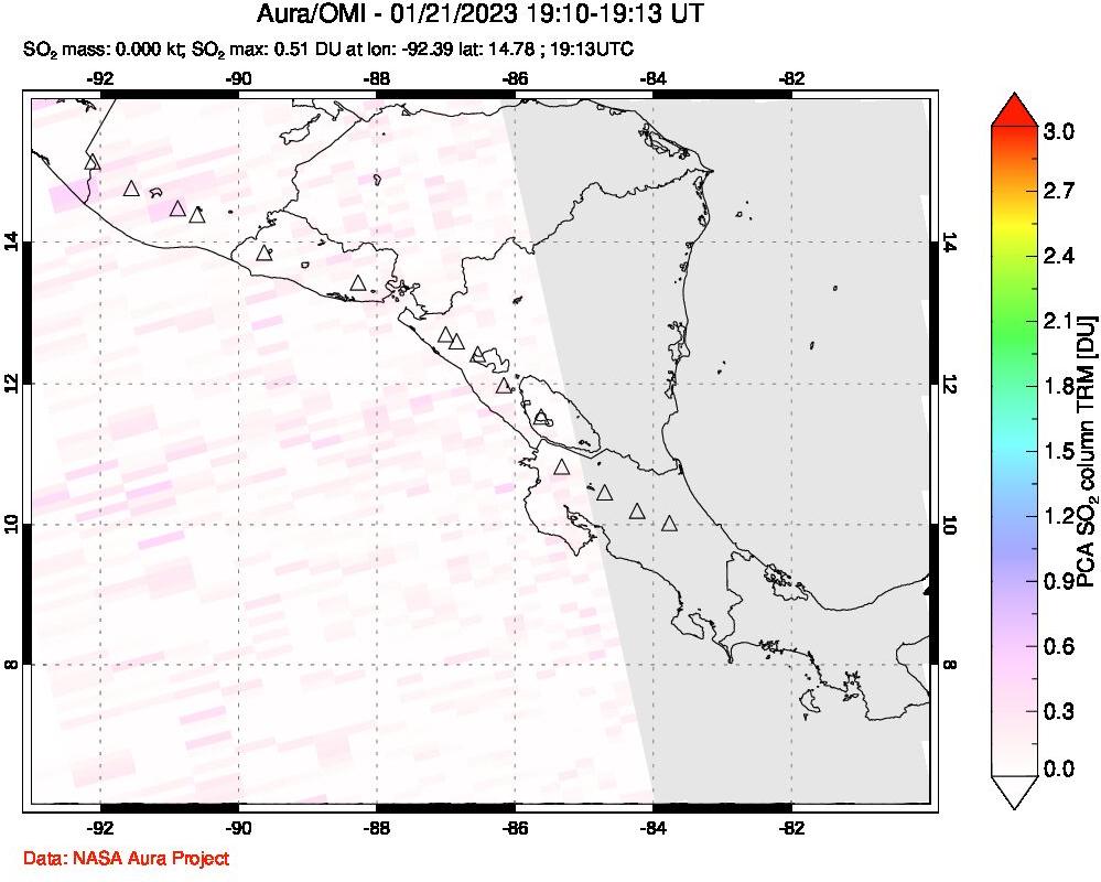 A sulfur dioxide image over Central America on Jan 21, 2023.