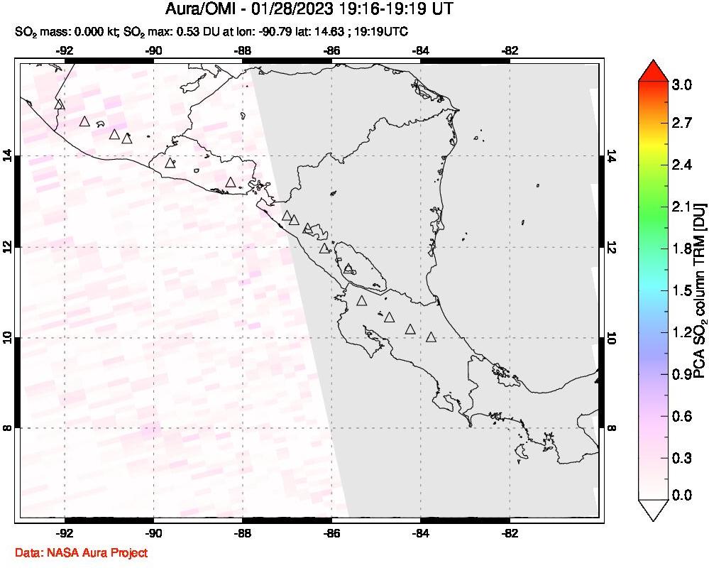 A sulfur dioxide image over Central America on Jan 28, 2023.