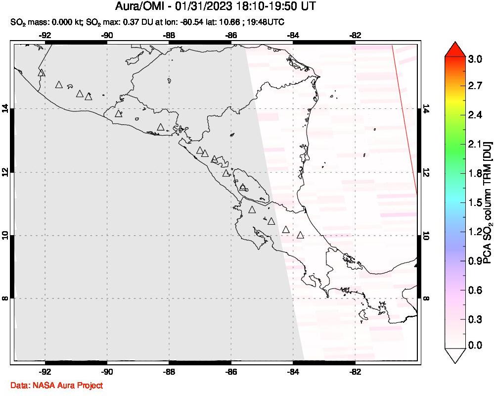 A sulfur dioxide image over Central America on Jan 31, 2023.