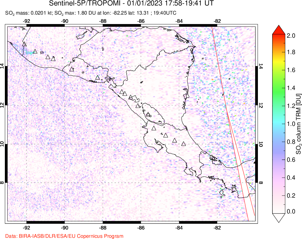 A sulfur dioxide image over Central America on Jan 01, 2023.