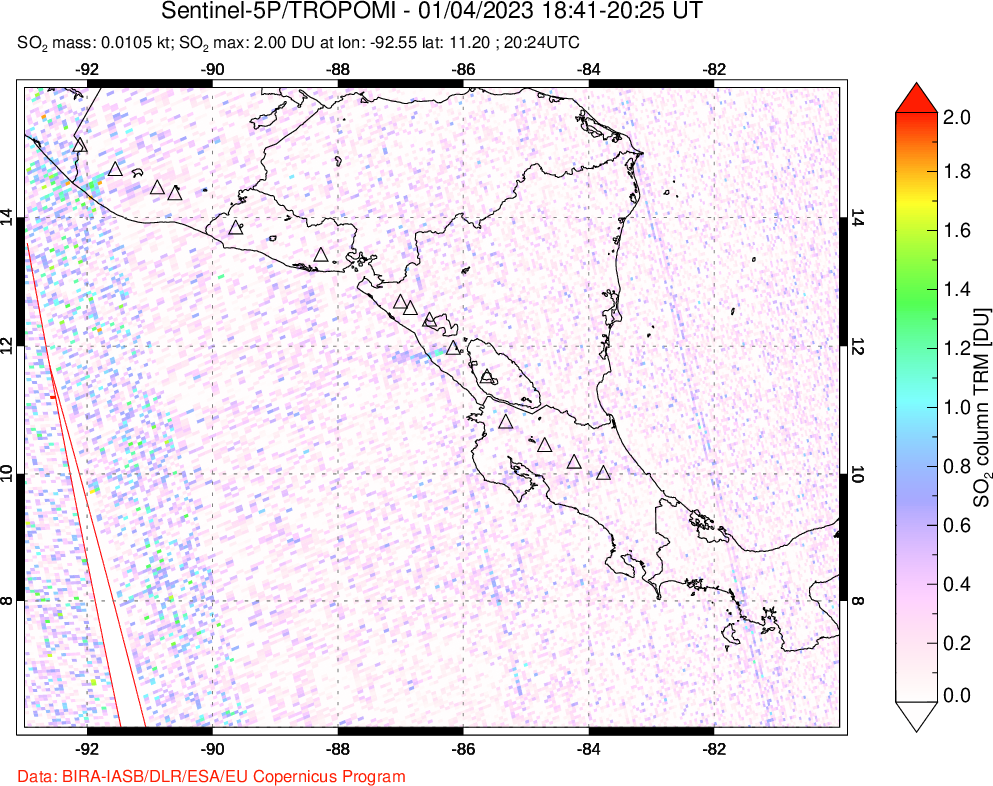 A sulfur dioxide image over Central America on Jan 04, 2023.