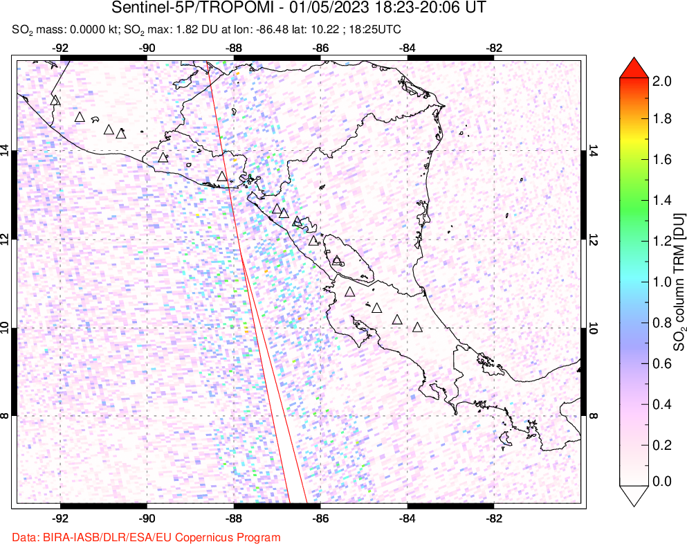 A sulfur dioxide image over Central America on Jan 05, 2023.
