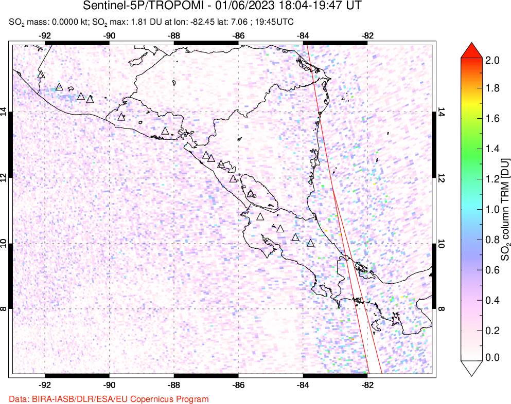 A sulfur dioxide image over Central America on Jan 06, 2023.