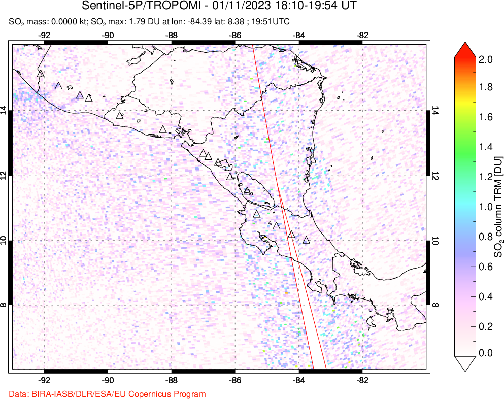 A sulfur dioxide image over Central America on Jan 11, 2023.