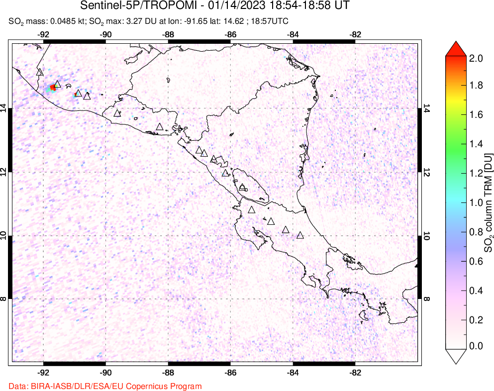A sulfur dioxide image over Central America on Jan 14, 2023.