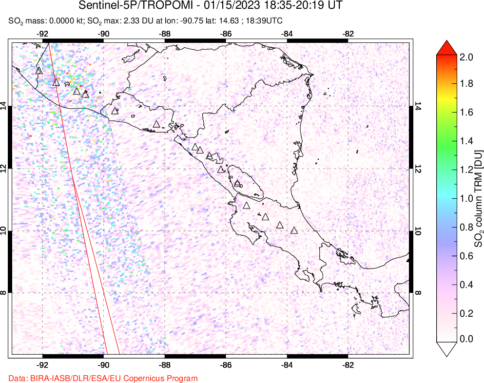 A sulfur dioxide image over Central America on Jan 15, 2023.