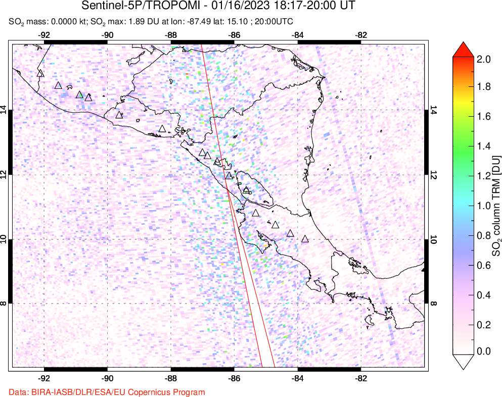 A sulfur dioxide image over Central America on Jan 16, 2023.