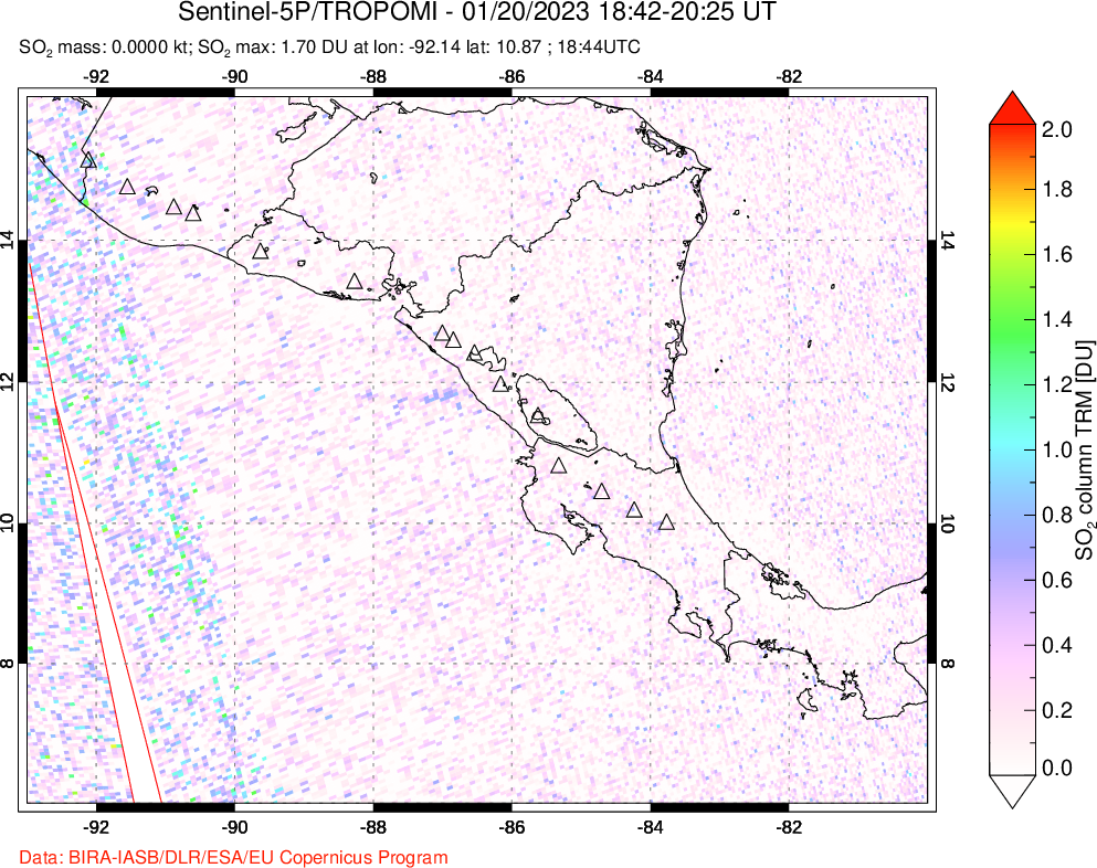 A sulfur dioxide image over Central America on Jan 20, 2023.
