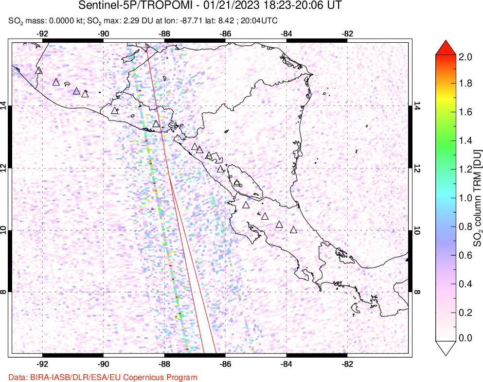 A sulfur dioxide image over Central America on Jan 21, 2023.