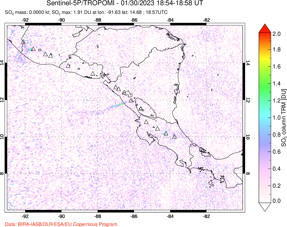 A sulfur dioxide image over Central America on Jan 30, 2023.