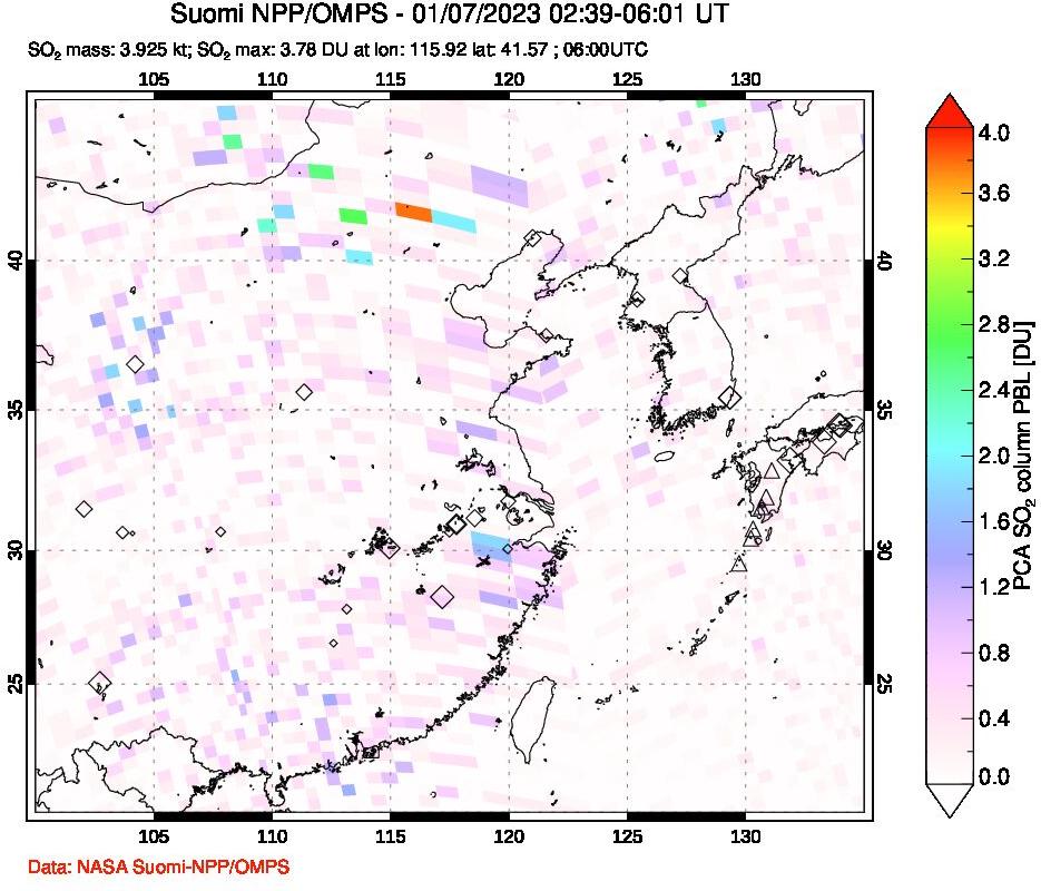 A sulfur dioxide image over Eastern China on Jan 07, 2023.