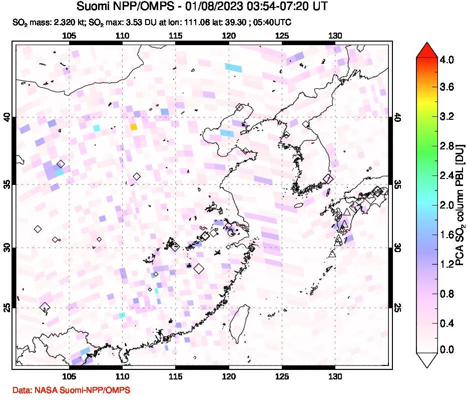 A sulfur dioxide image over Eastern China on Jan 08, 2023.