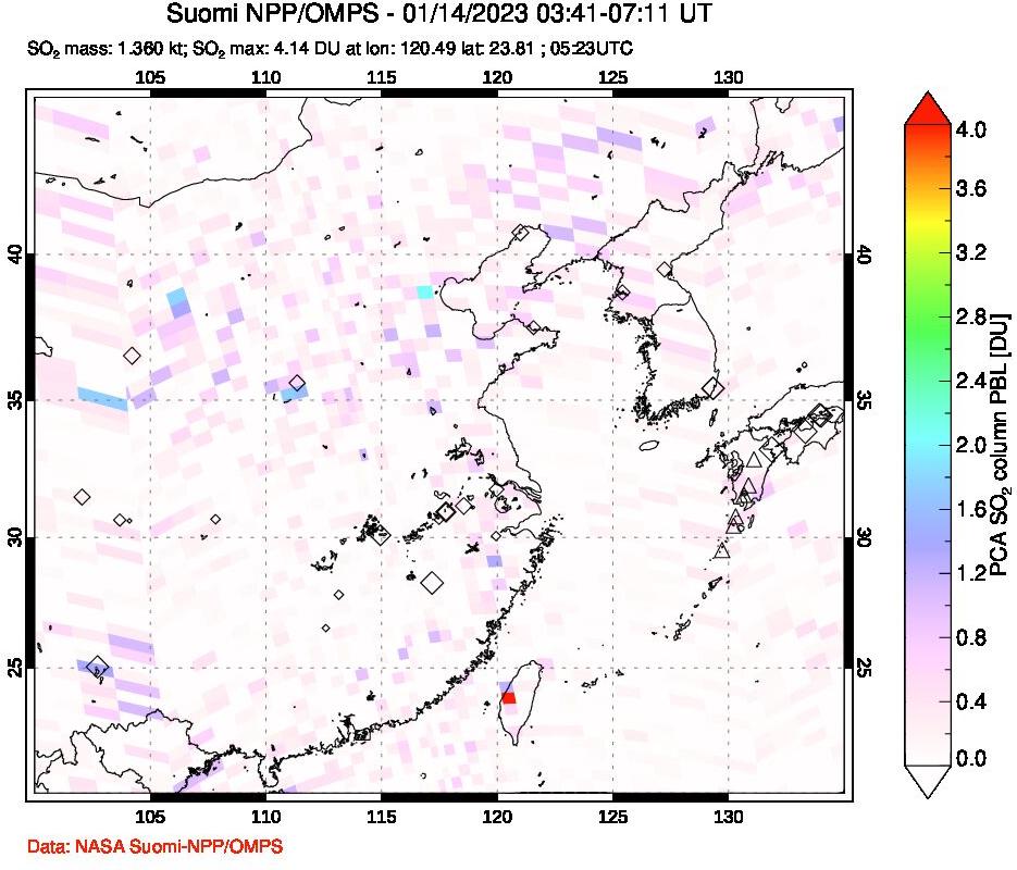 A sulfur dioxide image over Eastern China on Jan 14, 2023.