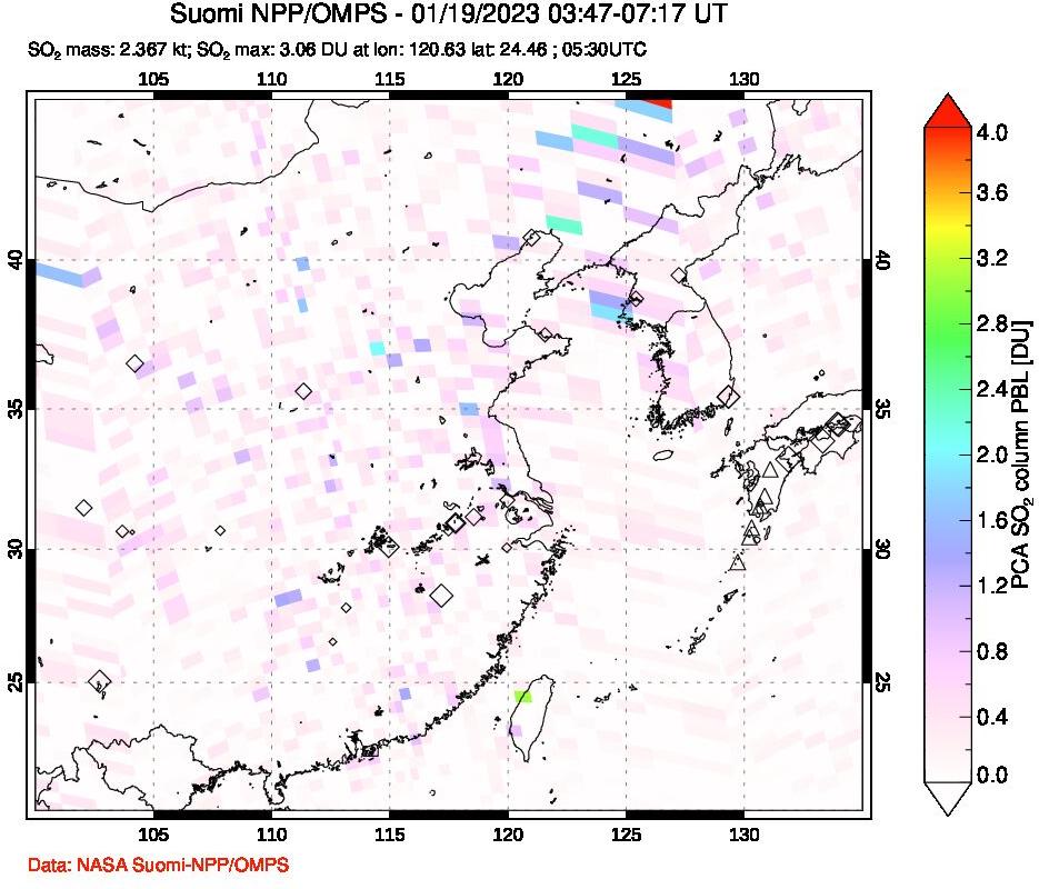 A sulfur dioxide image over Eastern China on Jan 19, 2023.