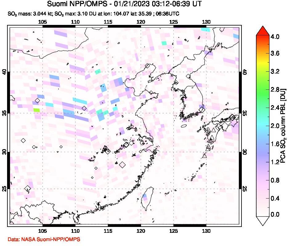 A sulfur dioxide image over Eastern China on Jan 21, 2023.