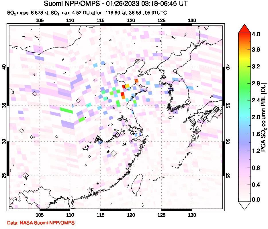 A sulfur dioxide image over Eastern China on Jan 26, 2023.
