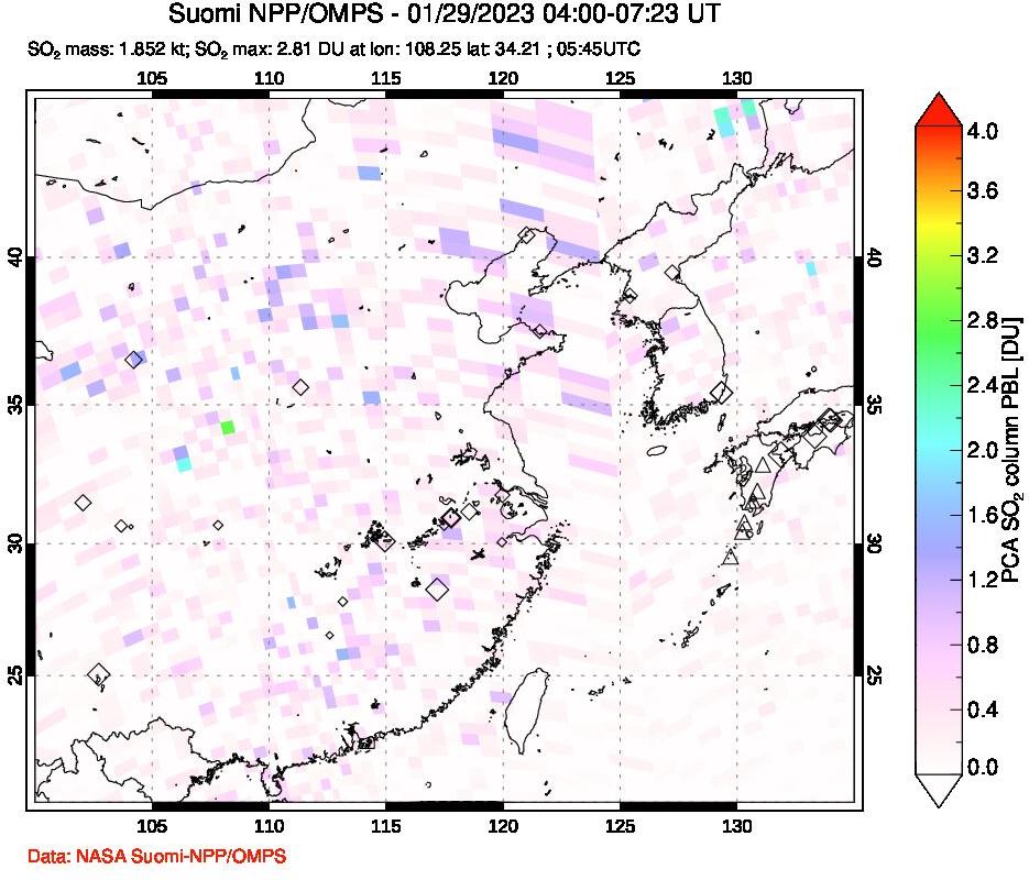 A sulfur dioxide image over Eastern China on Jan 29, 2023.