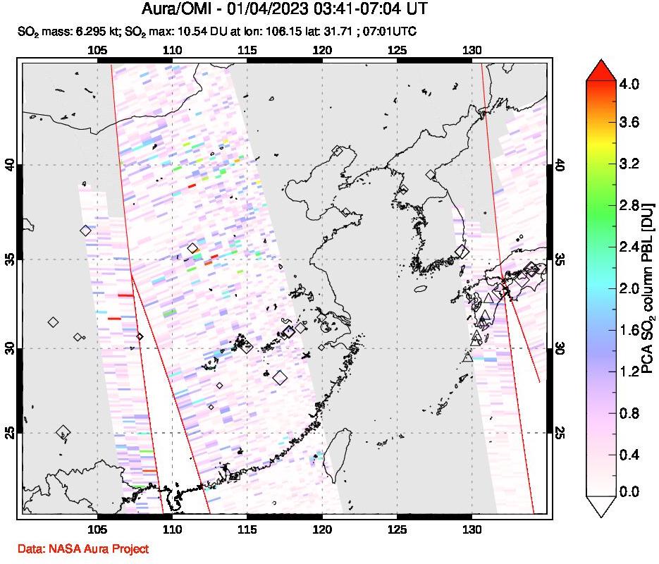 A sulfur dioxide image over Eastern China on Jan 04, 2023.