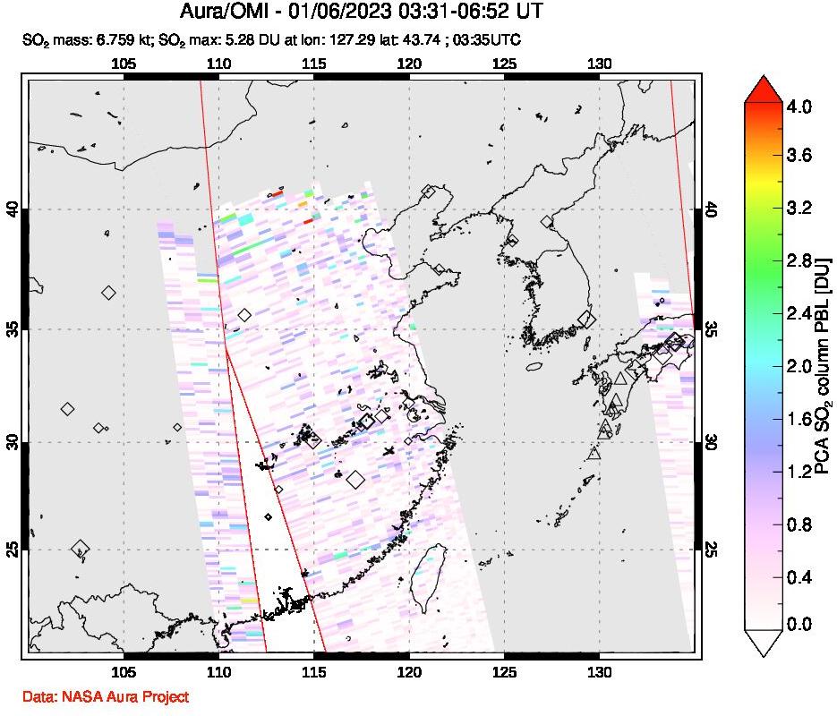 A sulfur dioxide image over Eastern China on Jan 06, 2023.