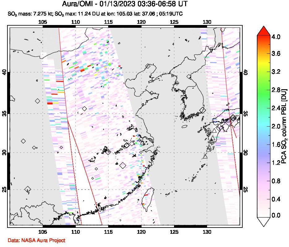 A sulfur dioxide image over Eastern China on Jan 13, 2023.